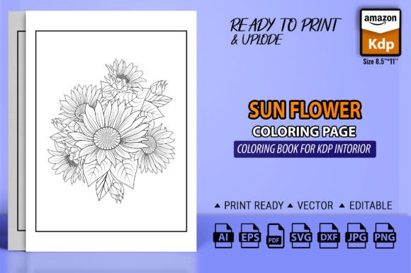 Sun Flower Coloring Book Kdp Interior Graphics